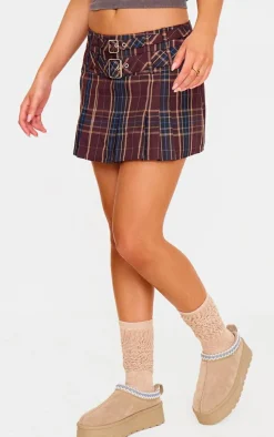 Brown Gingham Double Buckle Pleated Mini Skirt