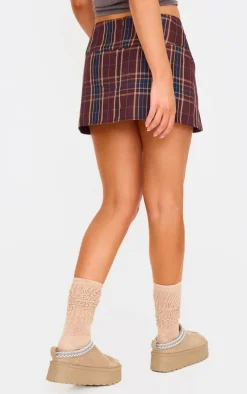 Brown Gingham Double Buckle Pleated Mini Skirt