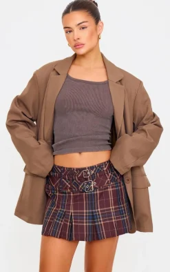 Brown Gingham Double Buckle Pleated Mini Skirt
