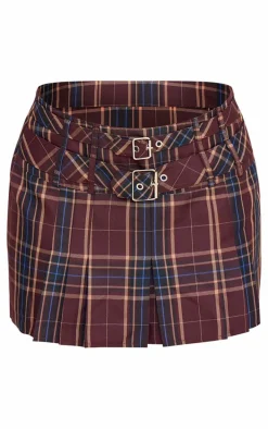 Brown Gingham Double Buckle Pleated Mini Skirt