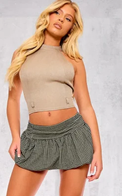 Brown Gingham Print Crepe Puffball Mini Skirt