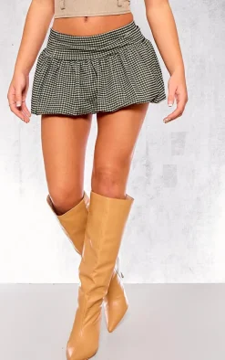 Brown Gingham Print Crepe Puffball Mini Skirt