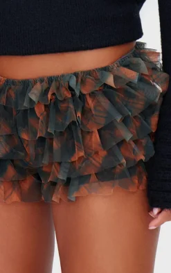 Brown Gingham Print Frill Mesh Bloomer Shorts