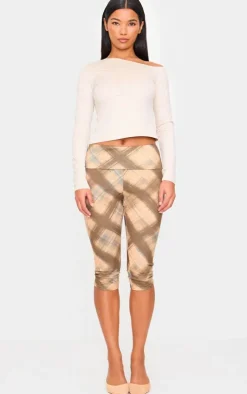 Brown Gingham Print Jersey Capris