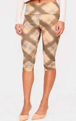 Brown Gingham Print Jersey Capris