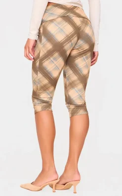 Brown Gingham Print Jersey Capris