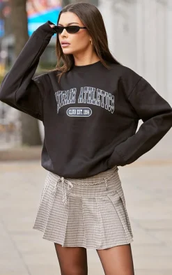 Brown Gingham Print Pleated Tie Detail Mini Skirt