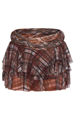 Brown Gingham Printed Mesh Frilly Low Rise Mini Skirt