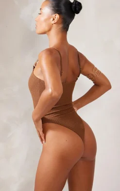 Brown Gold Trim Asymmetric Waffle Swimsuit