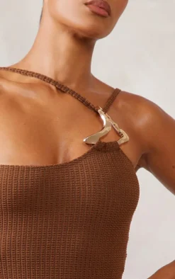 Brown Gold Trim Asymmetric Waffle Swimsuit