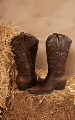 Brown Grain PU Point Toe Stud Detail Knee Calf High Western Boots
