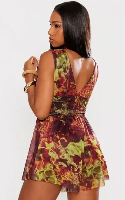 Brown Grunge Print Lined Mesh Plunge Floaty Romper