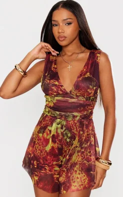 Brown Grunge Print Lined Mesh Plunge Floaty Romper