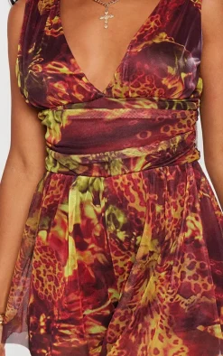 Brown Grunge Print Lined Mesh Plunge Floaty Romper