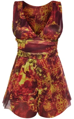Brown Grunge Print Lined Mesh Plunge Floaty Romper