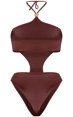 Brown Halter Neck Gold Trim Cut Out Swimsuit