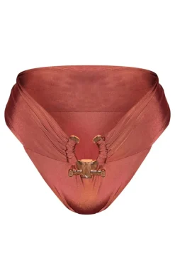 Brown Hammered Trim High Waist Bikini Bottoms