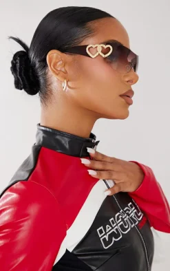 Brown Heart Diamante 90s Visor Sunglasses