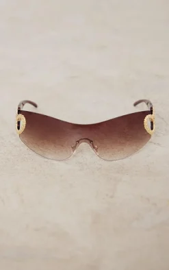 Brown Heart Diamante 90s Visor Sunglasses