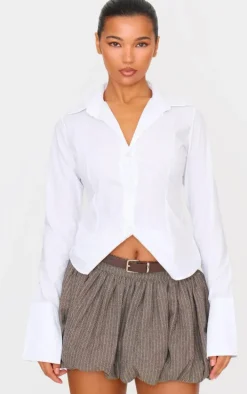 Brown Herringbone Print Belted Tailored Puffball Mini Skirt