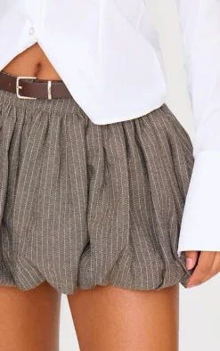 Brown Herringbone Print Belted Tailored Puffball Mini Skirt