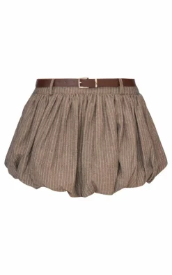 Brown Herringbone Print Belted Tailored Puffball Mini Skirt