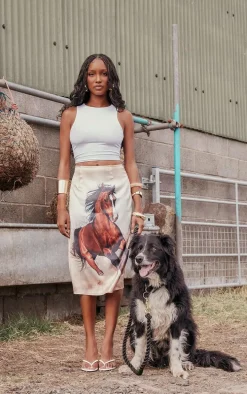 Brown Horse Printed Satin Midi Skirt