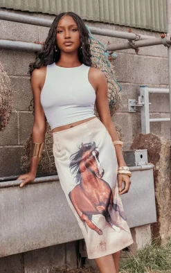 Brown Horse Printed Satin Midi Skirt
