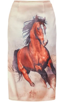 Brown Horse Printed Satin Midi Skirt