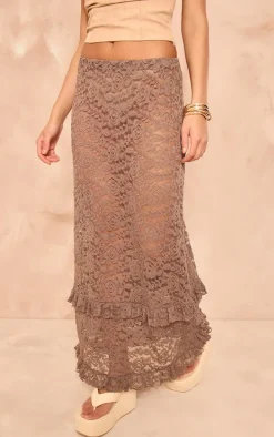 Brown Lace Frill Trim Maxi Skirt