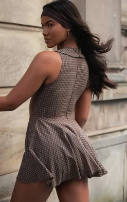 Brown Lace Up Check Shift Dress