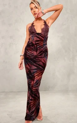 Brown Leaf Print Lace Cup Maxi Dress