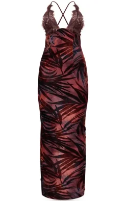 Brown Leaf Print Lace Cup Maxi Dress