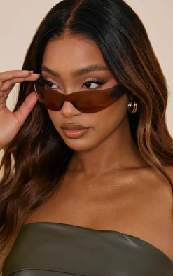 Brown Lens Frameless Sporty Visor Sunglasses