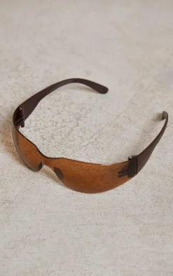 Brown Lens Frameless Sporty Visor Sunglasses