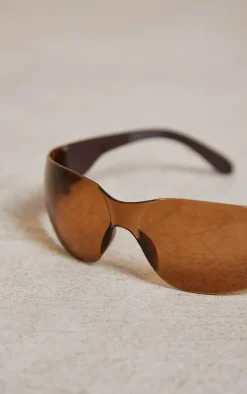 Brown Lens Frameless Sporty Visor Sunglasses