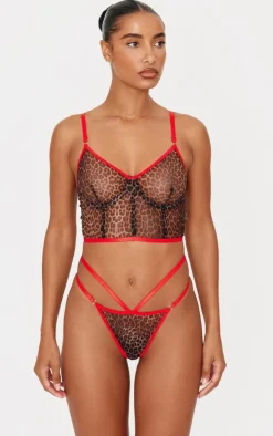 Brown Leopard Contrast Binding Corset Lingerie Set