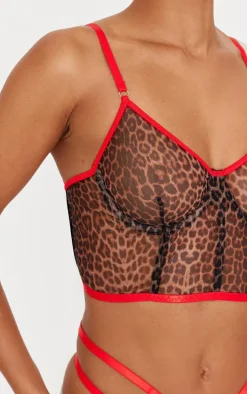 Brown Leopard Contrast Binding Corset Lingerie Set