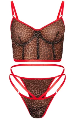 Brown Leopard Contrast Binding Corset Lingerie Set