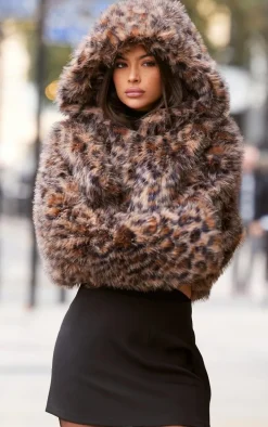 Brown Leopard Faux Fur Hooded Cropped Coat