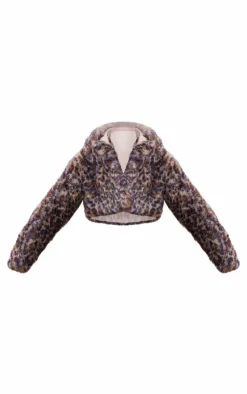 Brown Leopard Faux Fur Hooded Cropped Coat