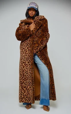 Brown Leopard Faux Fur Maxi Coat