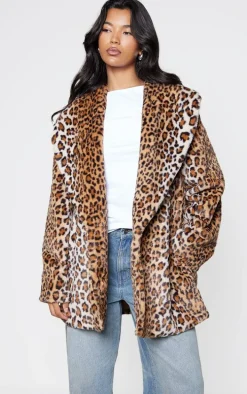 Brown Leopard Faux Fur Midi Coat
