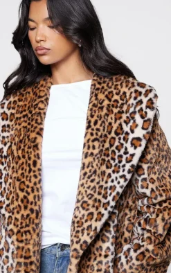 Brown Leopard Faux Fur Midi Coat