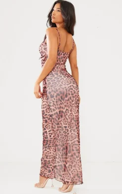 Brown Leopard Mesh Raw Hem Tiered Maxi Dress