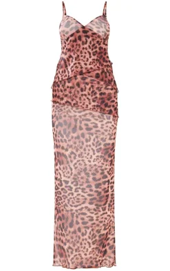 Brown Leopard Mesh Raw Hem Tiered Maxi Dress