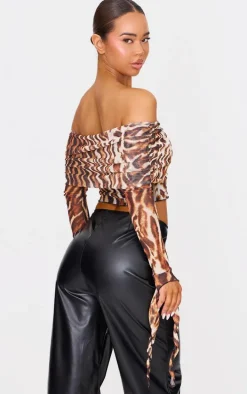 Brown Leopard Mesh Ultra Long Drape Sleeve Crop Top