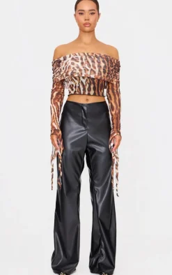 Brown Leopard Mesh Ultra Long Drape Sleeve Crop Top
