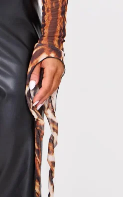 Brown Leopard Mesh Ultra Long Drape Sleeve Crop Top