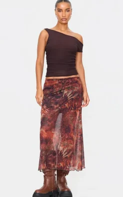 Brown Leopard Print Asymmetric Hem Mesh Midi Skirt